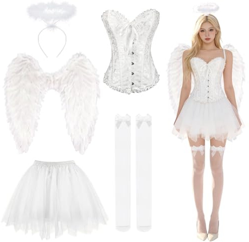 Shengruili Engel Kostüm,Engel und Teufel Flügel Kostüm,Engels FlügelKostüm,EngelKostüm Damen mit Heiligenschein,Engelsflügel Schwarz EngelFlügel für Halloween Karneval Cosplay Party