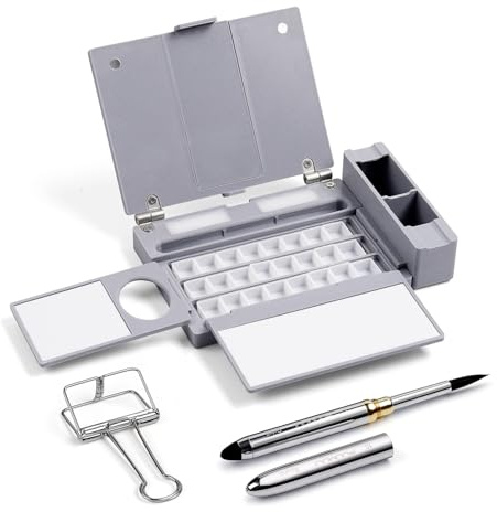 Fuumuui Portable 24-Well Watercolour Palette Set for Right Hand | Upgraded Travel Watercolor Paint Box with Storage Bag, Buckets, Travel Brush, for Plein Air Painting and Studio Painting