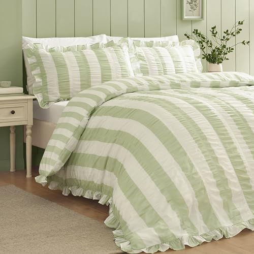 Catherine Lansfield Seersucker Frill Stripe Double Duvet Set Green
