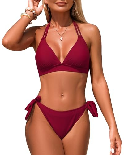 Genfien Maillots de Bain 2 Pièces Col V Bikini Halter Ties Up Taille Basse | Push Up,Ensembles Deux Pièces,Sexy,Beachwear,Élégant,Vintage,Swimsuit,Brésilien