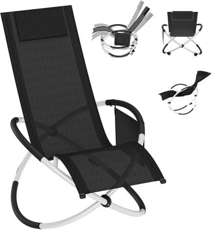 LZQ Relaxliege Gartenliege klappbar Schwungliege, ergonomischer Liegestuhl aus Teslin-Gewebe, Outdoor Gartenstuhl atmungsaktiv mit Kopfkissen & Seitentasche, Sonnenliege für Garten, Balkon(X-Form)