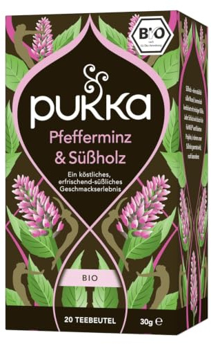 Pukka Bio Kräutertee Pfefferminz & Süßholz, koffeinfrei, 20 Beutel | Für nach dem Essen, erfrischender, köstlich süßer Aufguss, von Natur aus koffeinfrei, aus biologischem Anbau