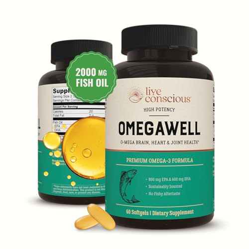 Live Conscious OmegaWell Omega 3 Fish Oil - 2000mg Capsules: Heart, Brain, & Joint Support - 800 mg EPA 600 mg DHA - Sustainably Sourced - Softgels - 30 Day Supply
