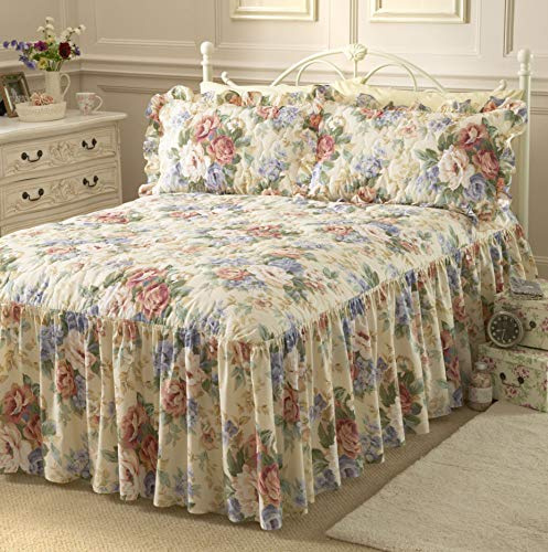 Diana Cowpe KING SIZE Florence Floral Flower Fitted Bedspread With 2 Matching Pillow Shams 152cm x 210cm With 56cm Drop