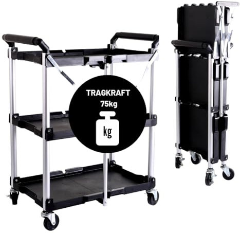 Pallit Serve Servierwagen mit Rollen 75 kg Tragkraft 3 Ebenen, klappbarer Küchenwagen, Rollwagen aus Metall 600 x 380 mm für Küche, Büro, Werkstatt