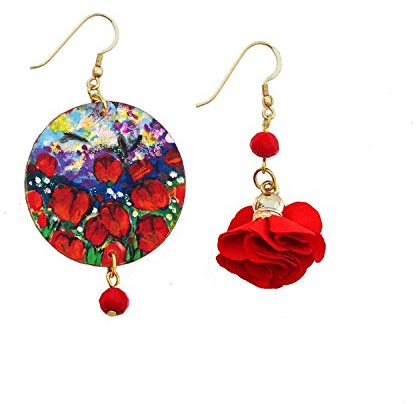 Boucles d'Oreilles Peintes à la Main - TULIPES ROUGES Asymétriques - Bijoux en Bois Peint pour Femmes, Crochet en Argent, Made in Italy, bijoux artistiques floraux colorées, original, Artisanat