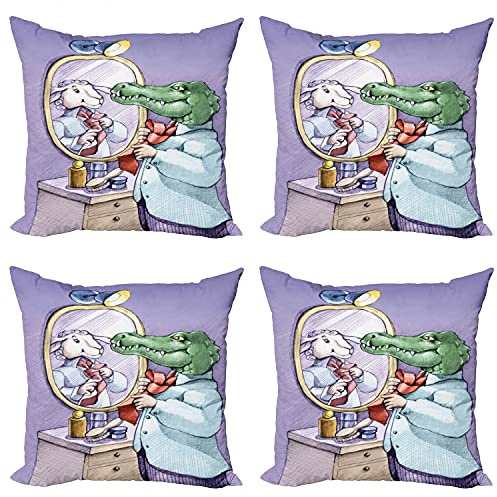 Lunarable Cartoon Throw Pillow Cushion Case Pack of 4, Crocodile Knotting His Tie Looks in Mirror Sees Himselfs Sheep Fun Cartoon, Modern Accent Double-Sided Digital Printing, 18, Purple Green
