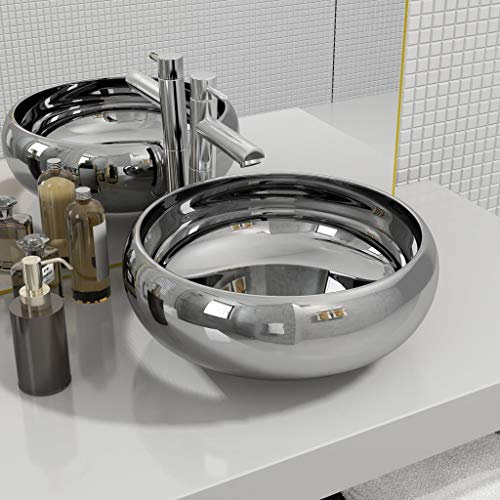 Festnight Lavabo de Salle de Bain Vasque à Poser 40 x 15 cm Céramique Argenté