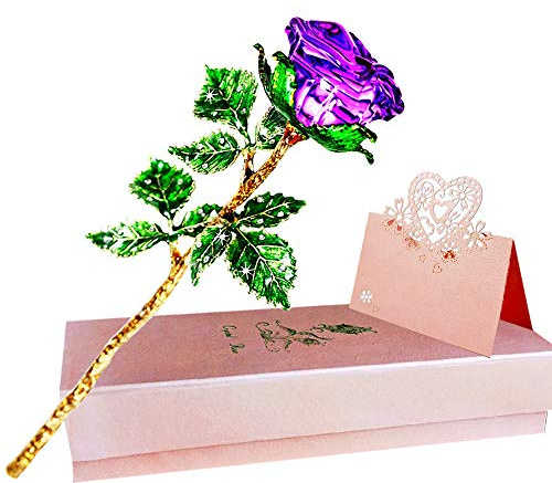 Purple Rose Gift for Her, Crystal Rose Flower with Gift Card, Galaxy Rose with Green Leaves, K9 Glass Rose Infinity Flower, Unique Gift for Women on Thanksgiving Day, Christmas, Wedding,Anniversary.