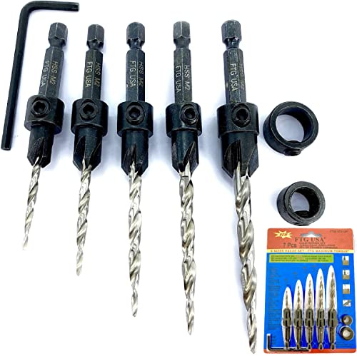 FTG USA 5 Pc Wood Countersink Set #4#6#8#10#12 w/ 2 Depth Stop Collars