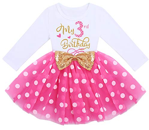 FYMNSI Kleinkinder Mädchen Mein 3. Geburtstag Kleid Baumwolle Langarm Gepunktet Tutu Tüllkleid Pailletten Schleife A-Linie Prinzessin Partykleid Fotoshooting Outfit Kostüm Rose Tupfen 3 Jahre