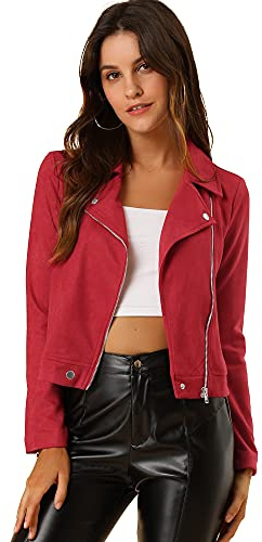 Allegra K Moto Jacket Veste de moto Femme | Faux daim, fermeture éclair, col à revers, poches, manteau d'automne et d'hiver, veste à manches longues