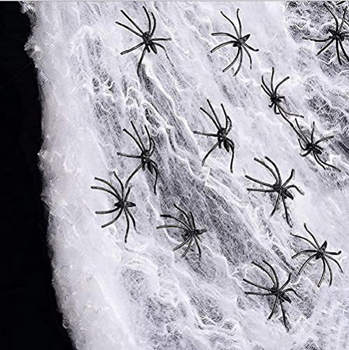 Halloween Deko Spinnennetz Set 100g Weiße Spinnweben mit 60 Schwarzen Spinnen Dehnbare Spinngewebe Dekogewebe Tür Balkon Garten Horror Deko Realistische Spinne Dekor für Halloween Mottoparty Spukhaus