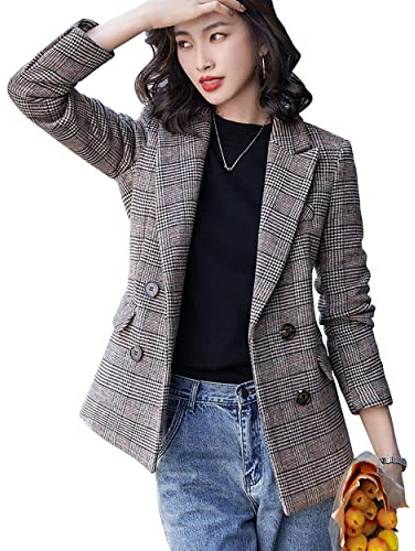 ebossy - Blazer de mujer con cuello dentado, cierre de 2 botones, corte boyfriend – Chaqueta/abrigo de cuadros de gallina, L