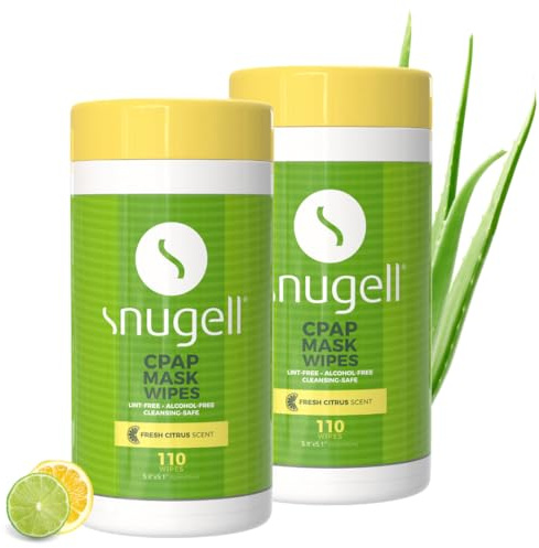 Snugell CPAP-Maskentücher mit Zitrusduft, 110 Stück (2er-Pack), 100 % weiche Baumwolle, fusselfrei, alkoholfrei, hautsichere Formel mit Aloe Vera, leicht zu öffnender Behälter zur Reinigung von