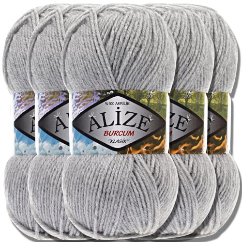 Hobby YARN 3x Etikettenlabel mit Alize Burcum Klasik Wolle Premium 5x100g als Set, Yarn, Garn, Strickgarn, Farbverlauf, Babywolle zum Häkeln, Stricken, Kleidung, Schals (Grey Melange - 21)