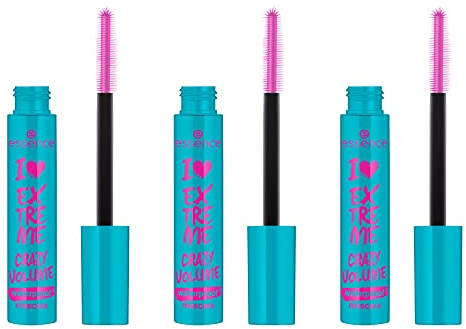 essence I LOVE EXTREME CRAZY VOLUME waterproof mascara, Schwarz, volumengebend, sofortiges Ergebnis, intensiv, vegan, wasserfest, ohne Mikroplastikpartikel, Nanopartikel frei, 3er Pack (3x12ml)