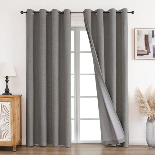 CUCRAF Vorhang 100% Blickdicht Leinen Gardinen mit Ösen Verdunklungsvorhänge Gardinen Hellgrau H225 x B140 cm 2er Set, Thermovorhang Kälteschutz Schallschutz Vorhang für Wohnzimmer Schlafzimmer