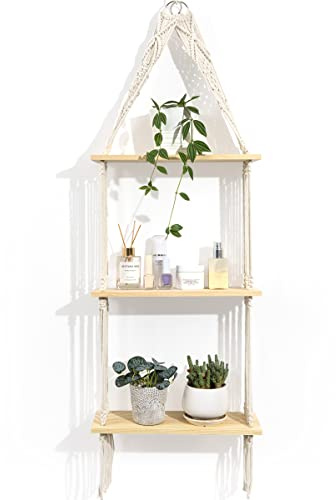 SUMGAR Wandregal Holz Makramee Wandbehang Regal Wand Boho Deko Schweberegal Quaste Handgewebte Natürliches Treibholz Hängeregal Chic Schwimmende Regale Für Wohnzimmer (Premium)
