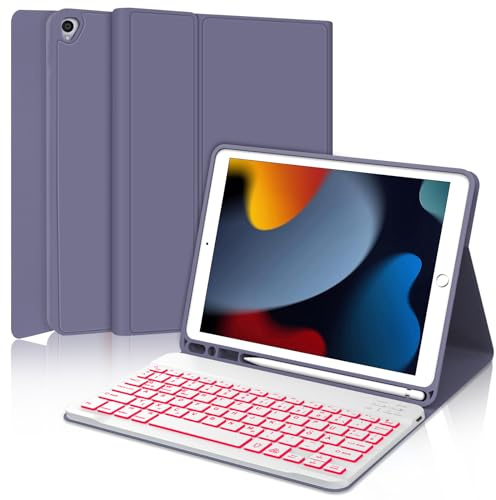 IVEOPPE Tastatur für iPad 9. Generation, Hülle mit Tastatur für iPad 10.2 (9./8./7. Generation), Magnetisch Abnehmbarer 7-Farbige Beleuchtung mit QWERTZ Keyboard für Air 3 und Pro 10.5, Lila