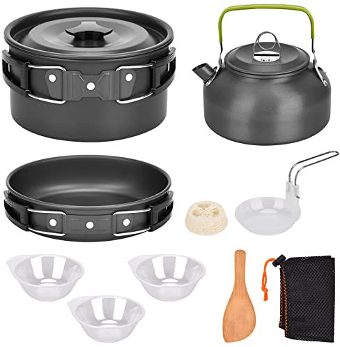 DUOJIN Camping Kochgeschirr Set Pfanne Teekanne Topf 10-teiliges Outdoor Picknick Töpfen aus Aluminium für 2-3 Personen