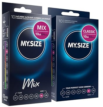MY.SIZE Mix SET Größe 6, 64 mm: 10 Classic Kondome + 10 Kondome in 4 aufregenden Sorten, mit Aroma, Farbe, Genoppt & Classic