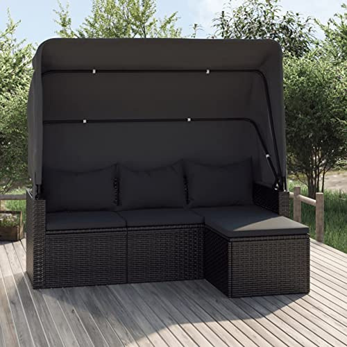 Homgoday Gartensofa mit Faltbares Sonnendach und Fußhocker Gartensofa Lounge 3-Sitzer Gartenbank Gartenmöbel Sonnenliege Couch Gartenliege Schwarz Poly Rattan