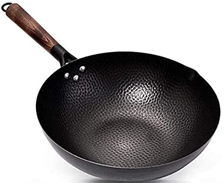 ZAANU Wok Martillado con Mango de Madera, Sartén Wok Martillada a Mano, Olla de Hierro Apta para Olla de inducción Diámetro 32 cm (Tamaño : Diámetro de la Olla 30 cm) (Diámetro de la OL