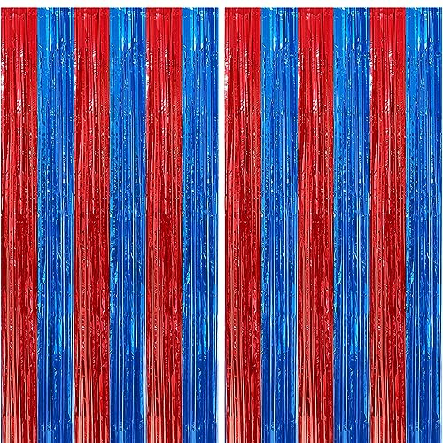 2 Pack Red and Blue Foil Fringe Curtains Photo Booth Prop Tinsel Streamer Backdrops Birthday Party Supplies Bachelorette Bridal Wedding Baby Shower Graduation Party Decorations, 3.3 x 6.6 ft
