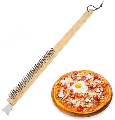 Brosse à Pierre à Pizza, Brosse pour Four à Pizza avec Trou de Suspension, Brosse à Pizza en Fil de Cuivre avec Manche en Bois et Grattoir en Acier Inoxydable, Accessoires