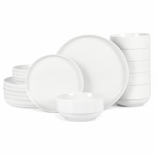 Gibson Home Rothernberg 18-Piece Stackable Porcelain Dinnerware Set, Service for 6 – White Plates and Bowls, Microwave & Dishwasher Safe