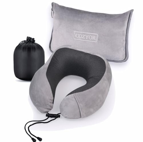 Cozyor Reiseset 2-teilig: Nackenkissen + Reisekissen & Reisedecke 2 in 1 mit Hülle - Ultraleicht & kompakt mit Rucksack-Clip und Kofferbefestigung, Flugzeugdecke 170x100 cm Nackenhörnchen