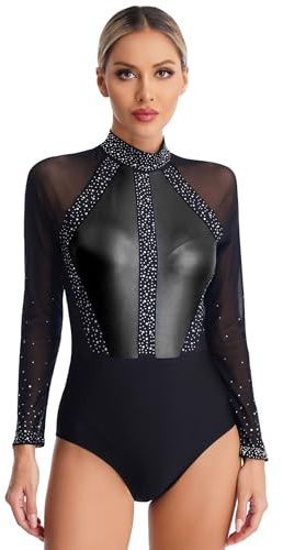 Sxiwei Gymnastikanzug Damen Langarm Glitzer Mesh Gymnastik Leotard Einteiliger Ballettbody Skating Tanz-Body Wettbewerb Tanzkostüm