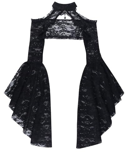 CHICTRY Womens Goth Shrug Crop Tops Lace Trumpet Sleeve Mesh Sheer Cape Vintage Harajuku Costume Black Large