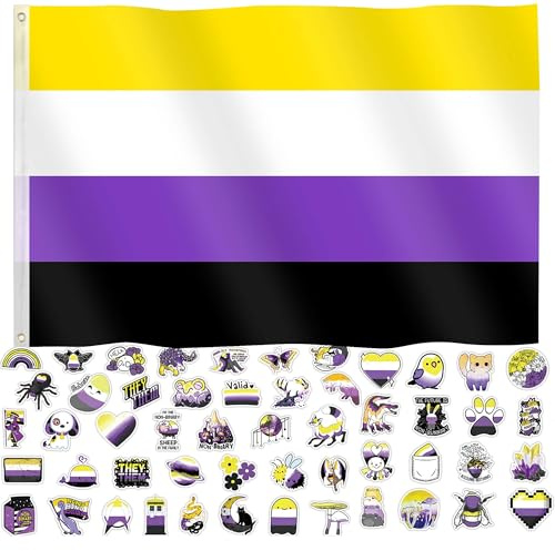 Bandera de orgullo no binaria de 3 x 5 pies, accesorios del mes del orgullo LGBTQIA bandera no binaria NB Género arco iris no binario Decoración para desfiles, festivales fiestas con 60 Stikers