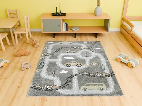 AKCILA Rechteckig Kinderteppich Lima Straßen Auto, Zug Teppich Grau 100x150cm, Teppiche für EIN Kinderzimmer mit kurzem Flor, Teppich für einen Jungen,Mädchen, Kinderteppich, Spielteppich, Kids Carpet