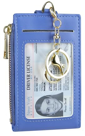 Cynure Women & Men Leather RFID Blocking Card Holder Slim Small Zipper Keychain Front Pocket Wallet with 2 ID Window, 1-Plain Blue