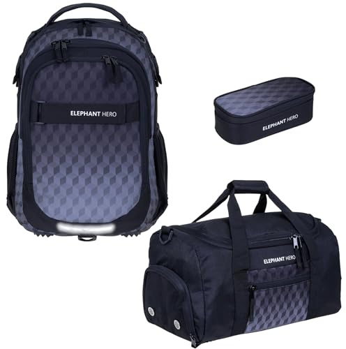 3 Teile Set Schulrucksack Laptopfach Mädchen Jungen 12868 Black Cube rsmb | Signature Hero 2 Schultasche Laptopfach Rucksack + Sporttasche + Mäppchen Box Grau Schwarz