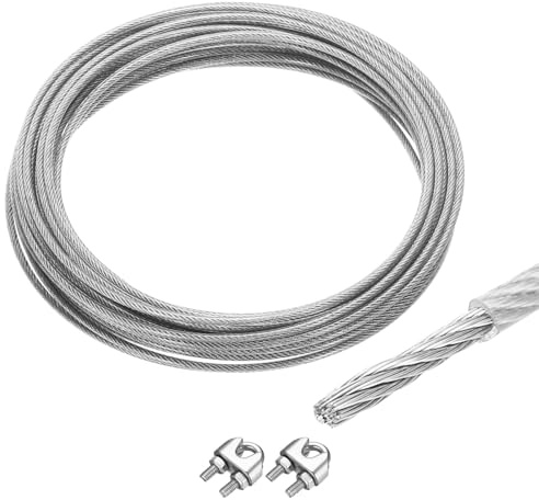 QUARKZMAN 10M x 5mm (33Ft x 3/16) Fune Metallico Cavo Acciaio Inossidabile 304, Tenditore Tirante con 2pz Mandrino a Vite per Appendere Stendibiancheria Sollevamento, Trasparente