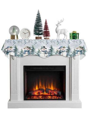 Christmas Mantel Scarf for Fireplace, Cute Snowman Snowflake Scene Winter Fireplace Cover Xmas Decorations Indoor Merry Christmas Mantel Top Scarf Runner for Winter Holiday Party, 17 x 70 Inch