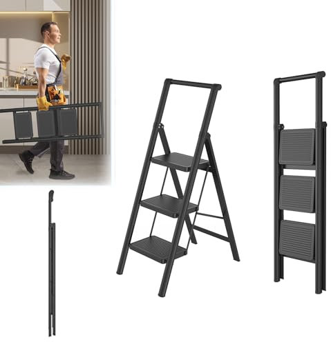 Lars360 Scala pieghevole a 3 gradini con corrimano, antiscivolo, portatile e stabile, per casa e ufficio, con portata fino a 250 kg, nero