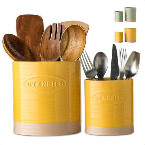YHOSSEUN Kitchen Utensil Holder Set of 2, Ceramic Utensil Holder for Kitchen Counter, 6.7+5.1 Cooking Utensil Crocks for Spatula, Oval Opening, Yellow | Ceramic Utensil Crock Organizer for Countertop, 6.7+5.1 Cooking Utensil Crocks for Spatula, Spoons, Oval Opening, Yellow