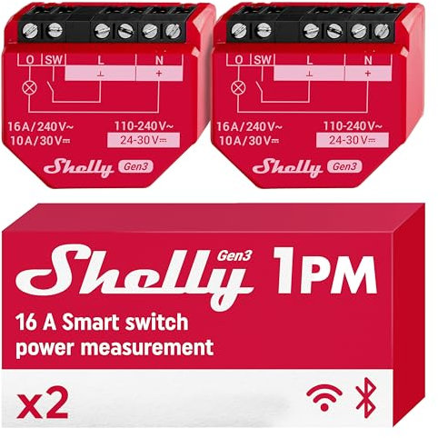 Shelly 1PM Gen3, Wi-Fi Interruttore Intelligente Relé, 1 Canale, 16А, Monitora il Consumo di Energia, Controllo Remoto e Automazione, Illuminazione, Nessun Hub Richiesto, Alexa, Google Home (2 Pezzi)