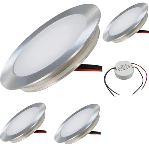 4er Set Superflache LED Boden Einbauspots Tom - 12V, Rund, Warmweiss, IP67, Trittfest & Begehbar, Lochausschnitt 46mm, inkl. LED Trafo - Kompakte Einbaustrahler für jeden Einsatzort geeignet.