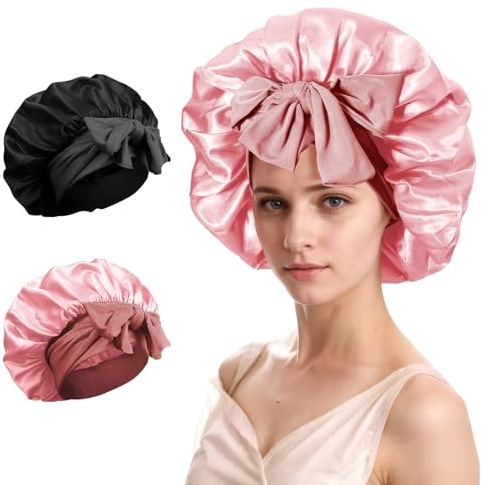 COODAM Silk Satin Hair Bonnet for Sleeping - 2PCS Silk Sleep Bonnets for Women Curly Hair, Soft Breathable Satin Bonnet with Tie Band Hair Wrap Cap for Sleeping (#08)