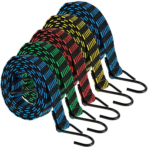 RHAIQBVC 5PCS Heavy Duty Bungee Cords with Hooks, 2M/6.6ft Flat Elastic Straps, Weatherproof & UV-Resistant - Ideal for Luggage, Bike, Camping, Tarps and Garden Furniture (5Pcs)