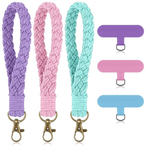 Mabor 3 Pcs Phone Wrist Strap, Cell Phone Lanyard Bracelet with Phone Tether Tabs Handmade Smartphone Wristlet Keychain Universal Strap Keyring Holder Connector Patch for Women Men
