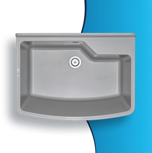 LAXARA Ausgussbecken aus HIPS-Polystyrol korrosionsbeständig Farbe: Grau ohne Armatur | Universal Waschtrog mit Siphon + Überlauf | Spülbecken + Montageset für Waschraum, Garten, Garage, Werkstatt