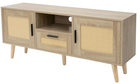ML-Design Mueble Bajo para TV 120x50,5x30 cm Cómoda Rústica de Madera con 2 Puertas y 1 Cajón Tablero de Diseño de Roble y Ratán, Armario con Patas para Salón, Comedor Apto para TV hasta 55 Pulgadas