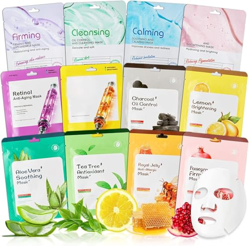 12 Pezzi Maschere viso in Tessuto,Maschera Viso Idratante, Daily Care mascheraviso in tessuto,Maschera BellezzaViso,Maschere VisoIdratante per la Cura della,Ogni Condizione Della Pelle per Donne